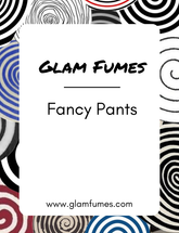 A product label for 'Glam Fumes' Fancy Pants perfume and body oil featuring a abstract pattern with swirls of black, white, and red on a white background. Comparable to Baccarat Rouge 540.